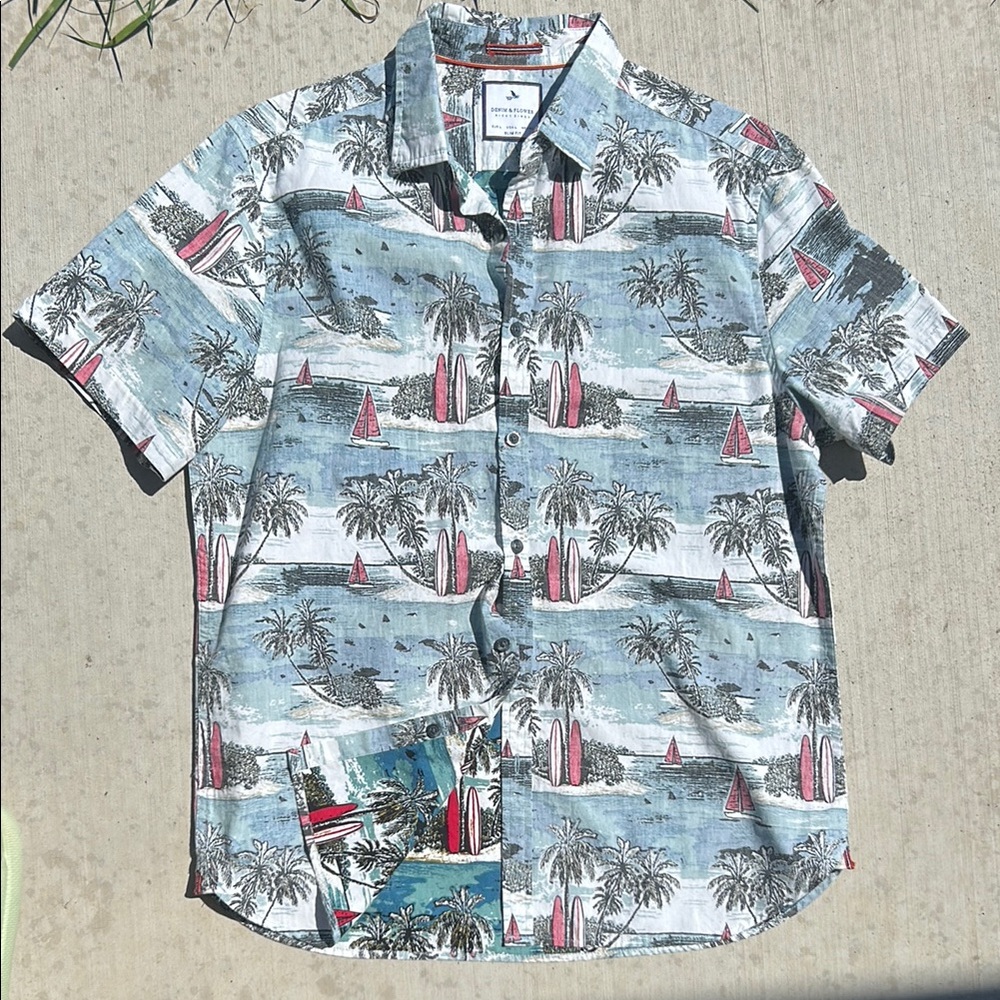 Denim & Flower Tropical Print Shirt - Blue and Red